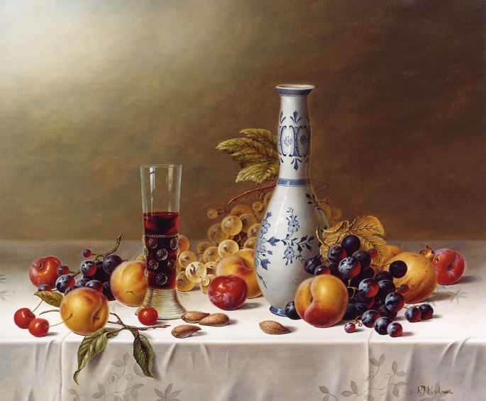 Roy Hodrien - Still Life with Delft Vase, Red Wine &amp; Fruits on a Tablecloth | MasterArt